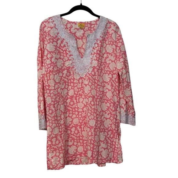 Roberta Roller Rabbit 100% Cotton Pink Print Embroidered Tunic Blouse Size Large - Picture 1 of 5